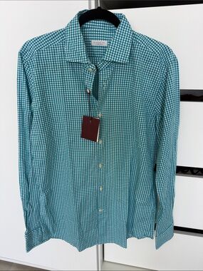 Glanshirt Teal and White Gingham Button-Down Shirt